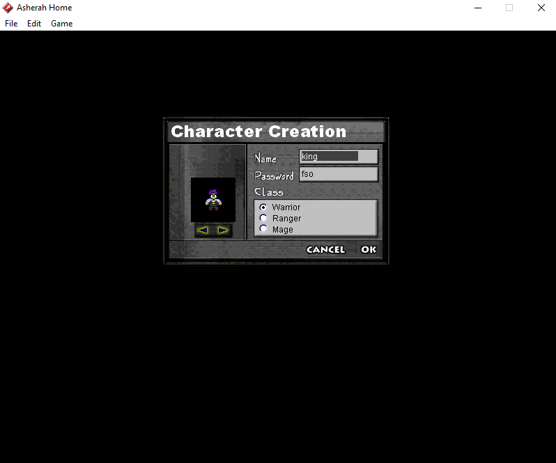 Asherah MMORPG character creation screen with class selection, character customization, and retro RPG character building interface